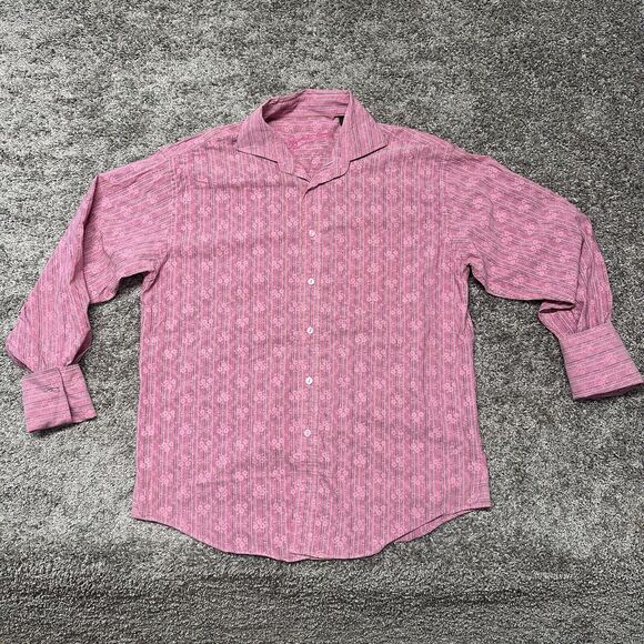 BUGATCHI UOMO Men Size M Button Up‎ Flip Cuff Pink Pin Stripes Floral Collared - Picture 1 of 14